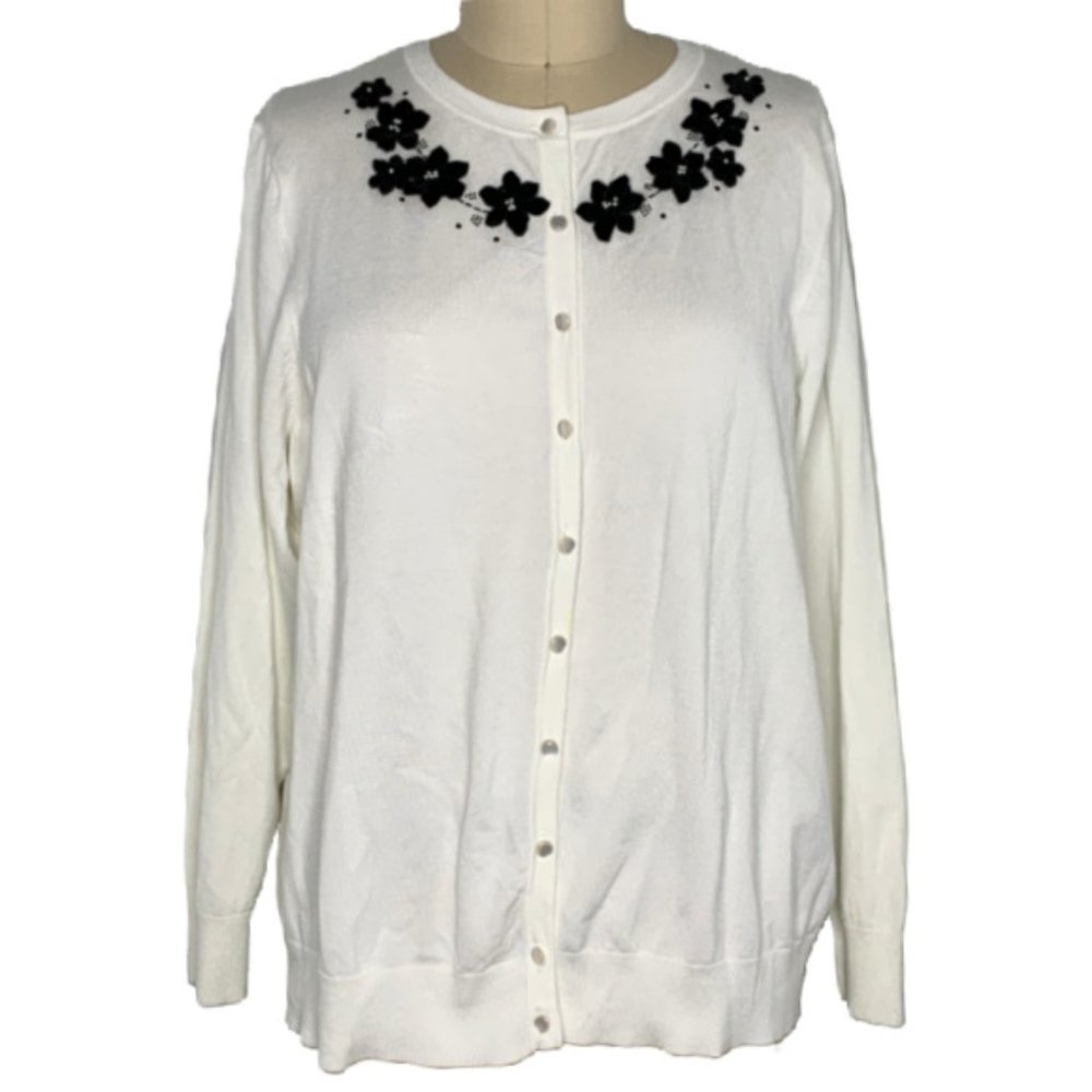 Avenue Black Velvet Flowers on a White Cardigan